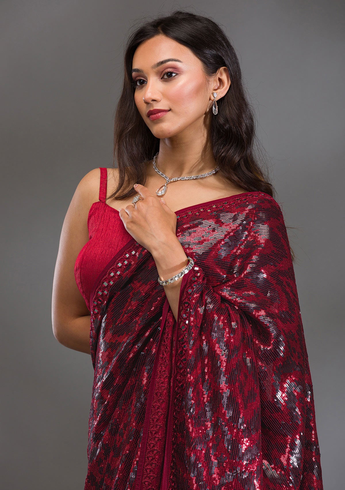 Maroon Sequins Georgette Saree