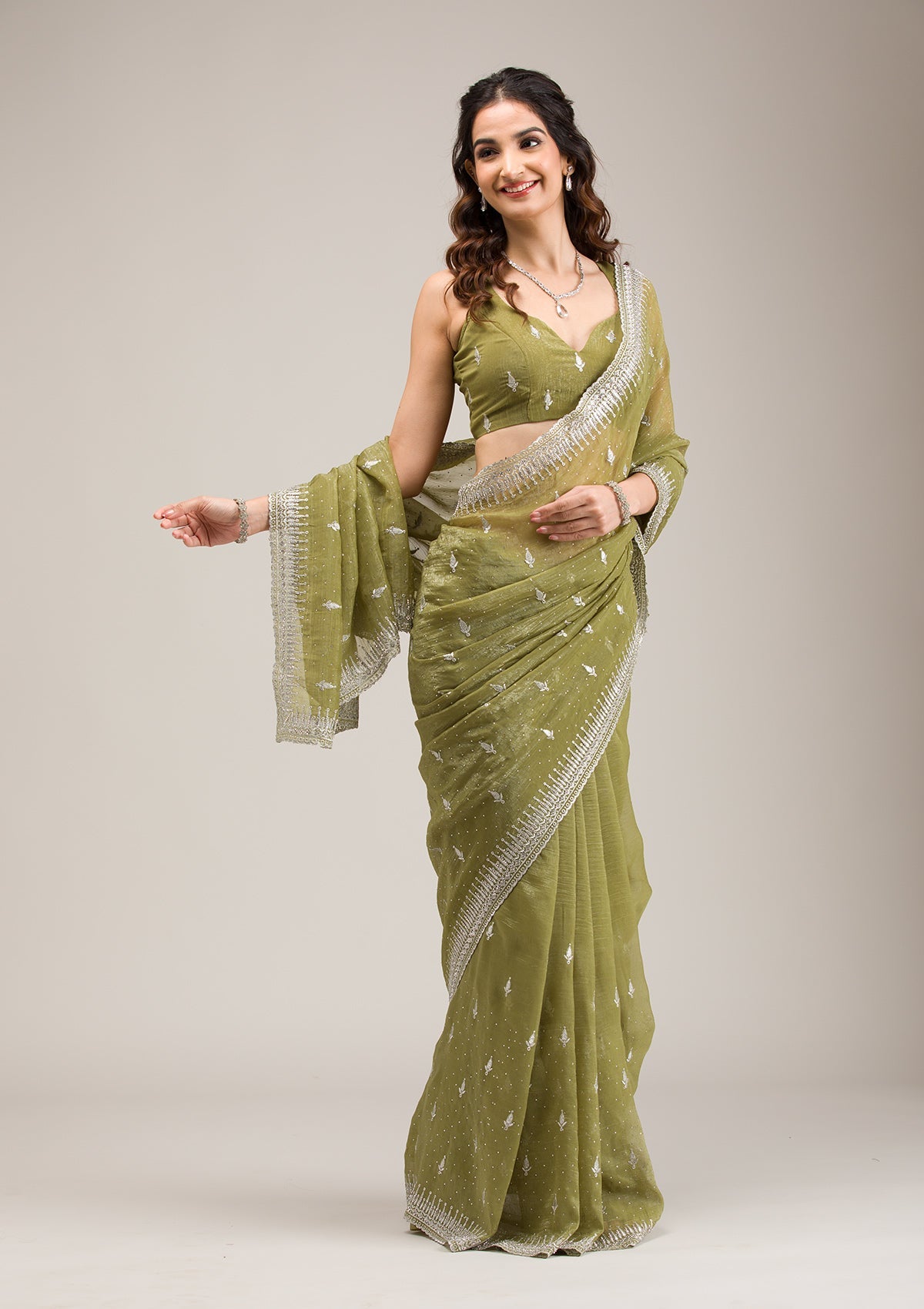Mehendi Zariwork Tissue Saree