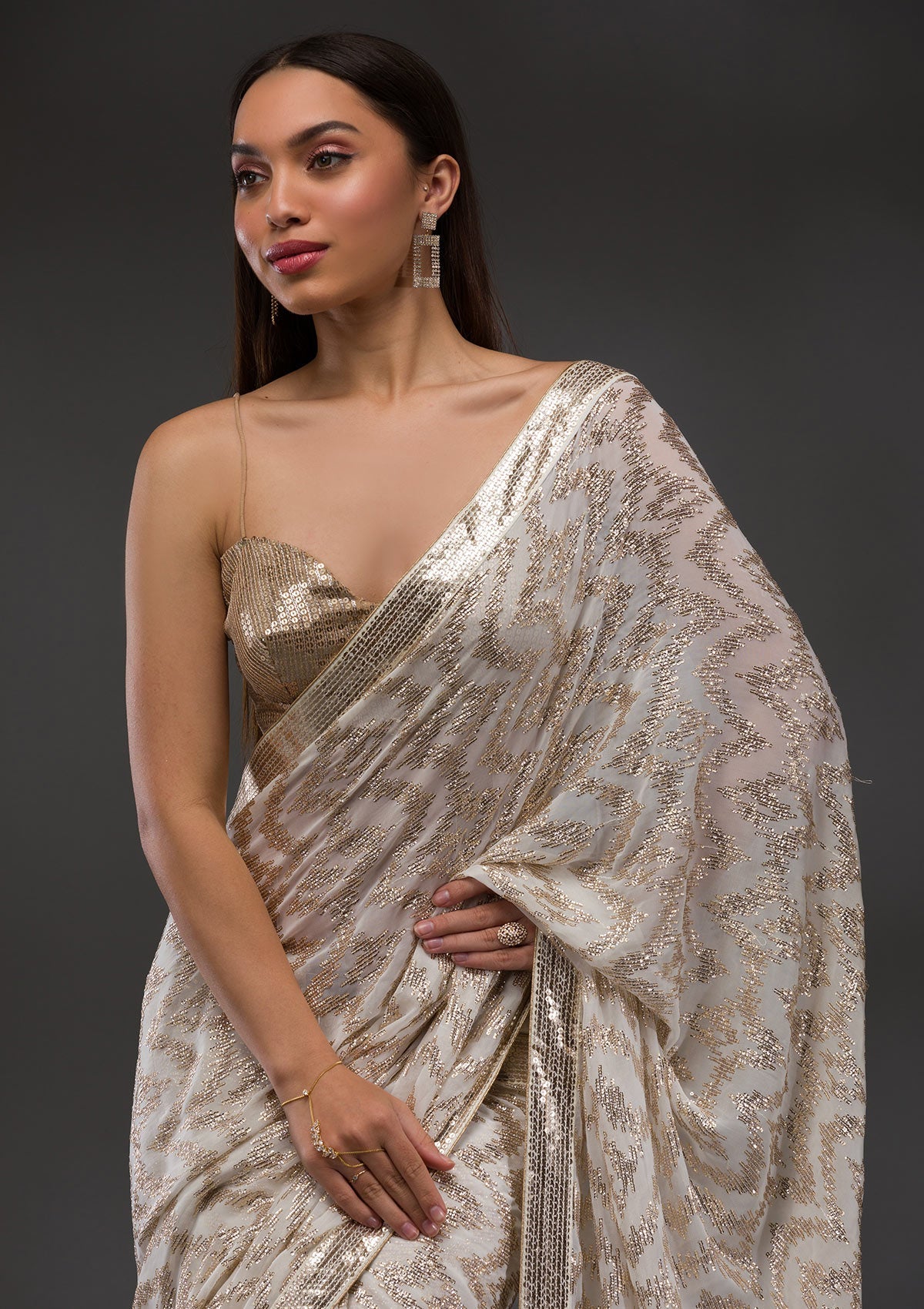 Off White Sequins Georgette Saree