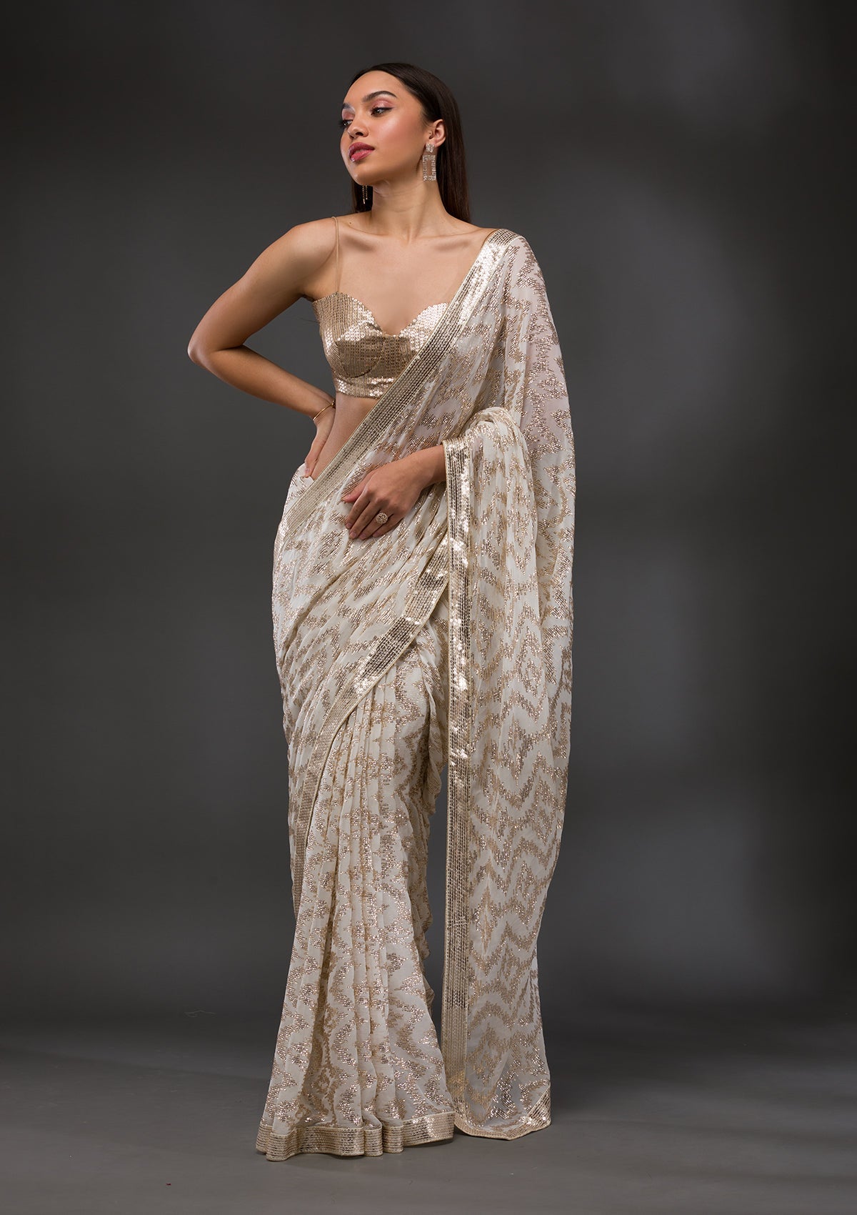 Off White Sequins Georgette Saree