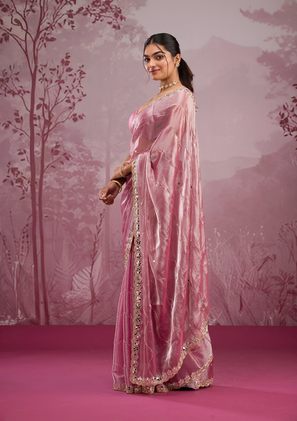 Onion Pink Mirrorwork Tissue Saree