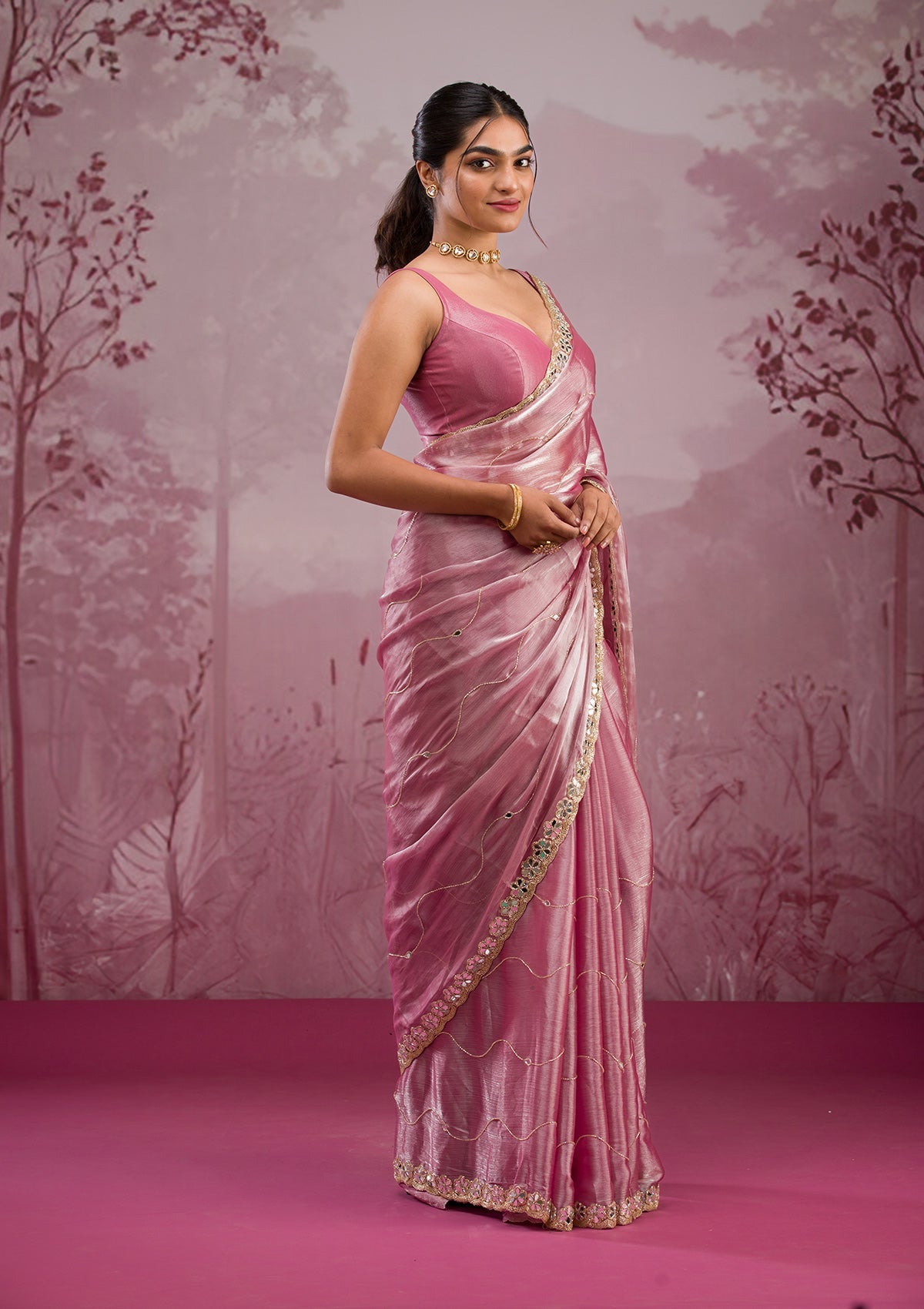 Onion Pink Mirrorwork Tissue Saree