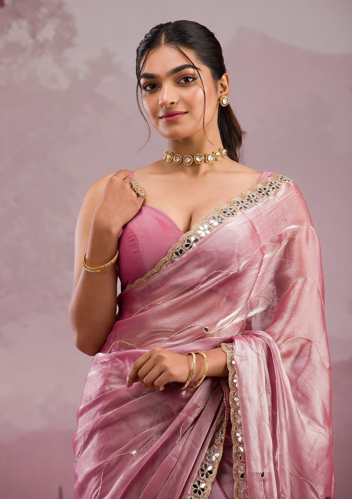 Onion Pink Mirrorwork Tissue Saree