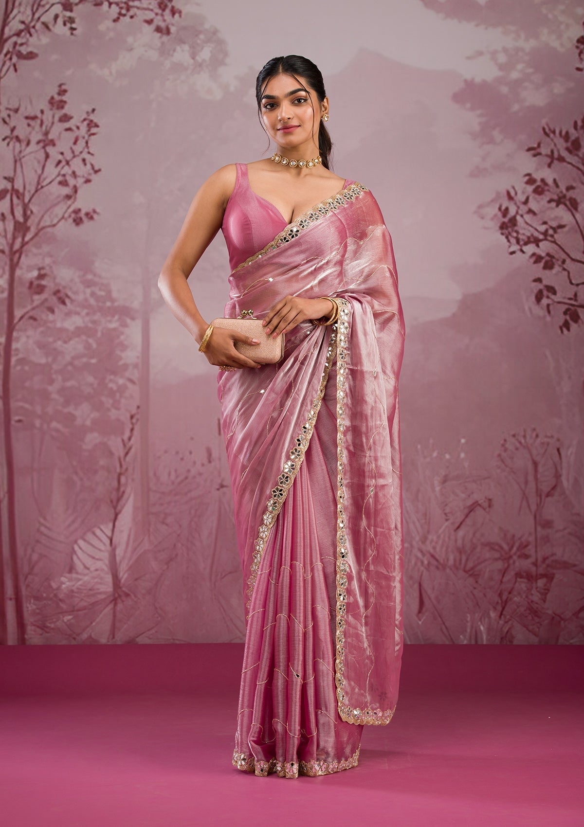 Onion Pink Mirrorwork Tissue Saree