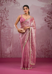 Onion Pink Mirrorwork Tissue Saree