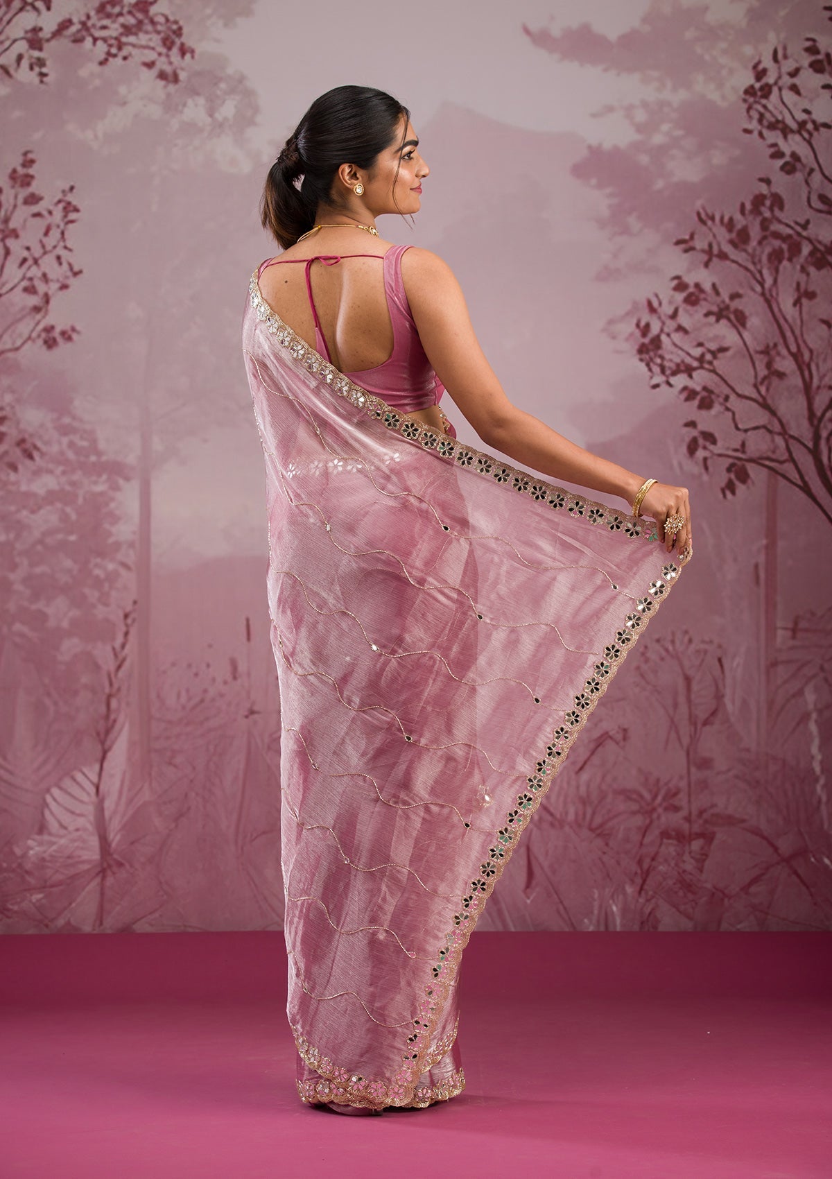 Onion Pink Mirrorwork Tissue Saree