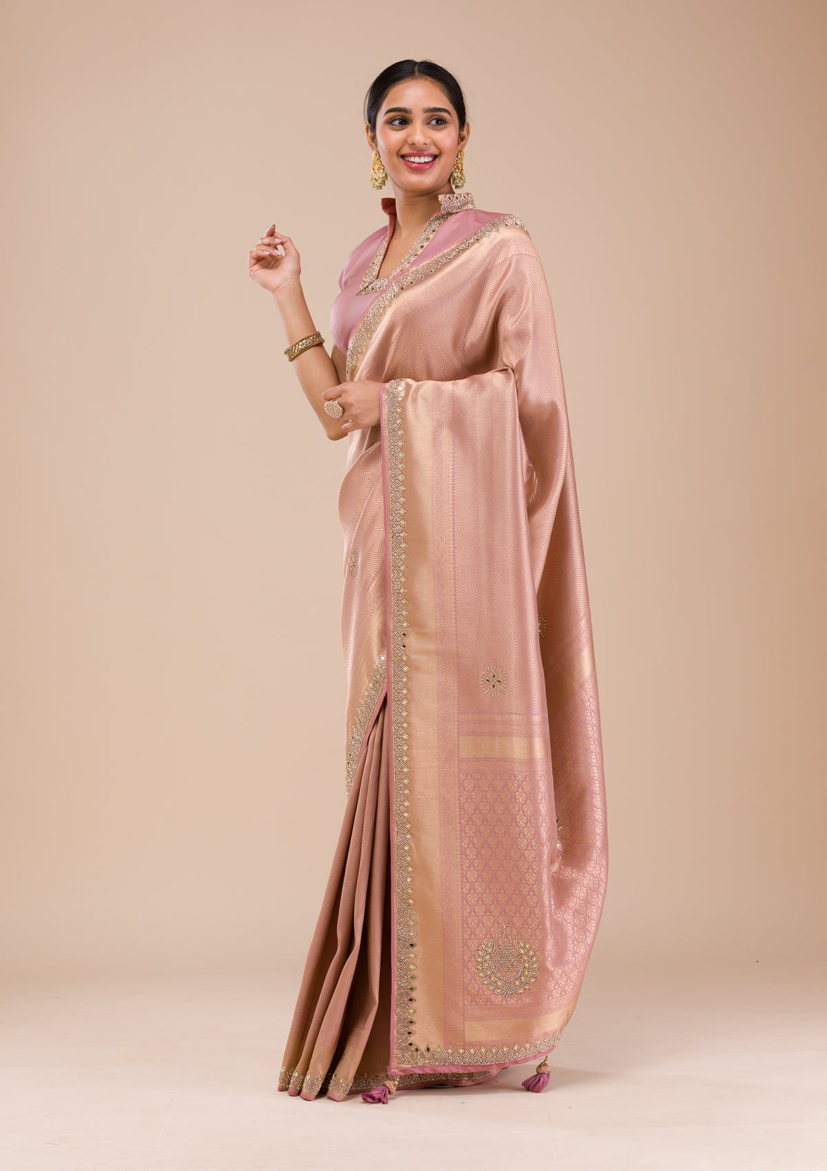 Onion Pink Mirrorwork Silk Saree