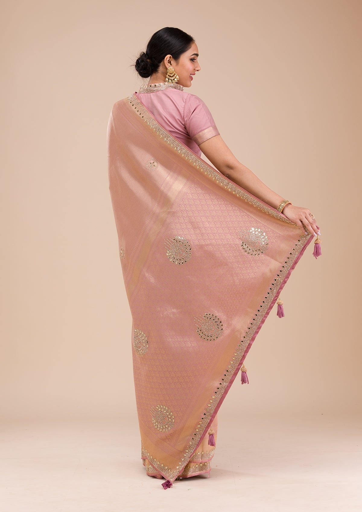 Onion Pink Mirrorwork Silk Saree