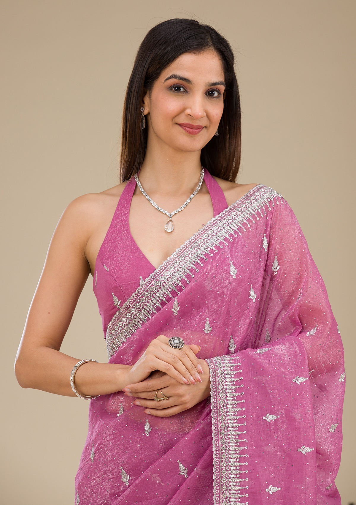 Onion Pink Zariwork Tissue Saree
