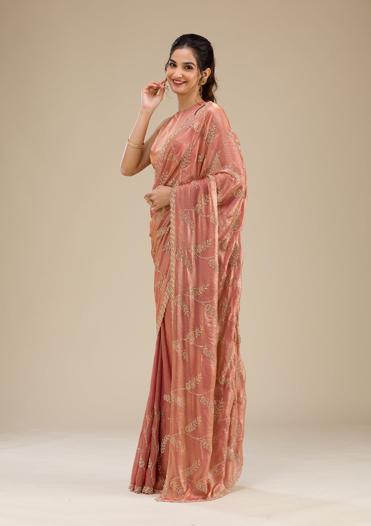 Peach Stonework Tissue Saree