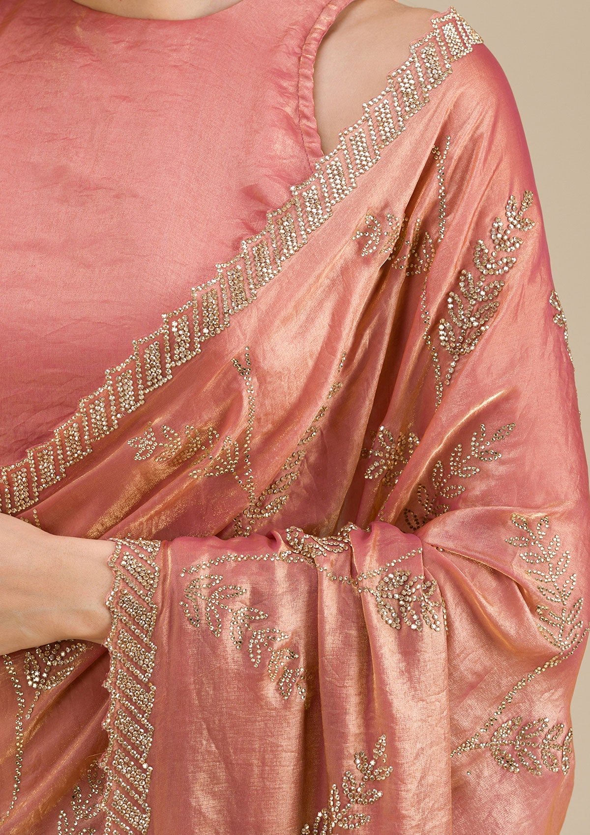 Peach Stonework Tissue Saree