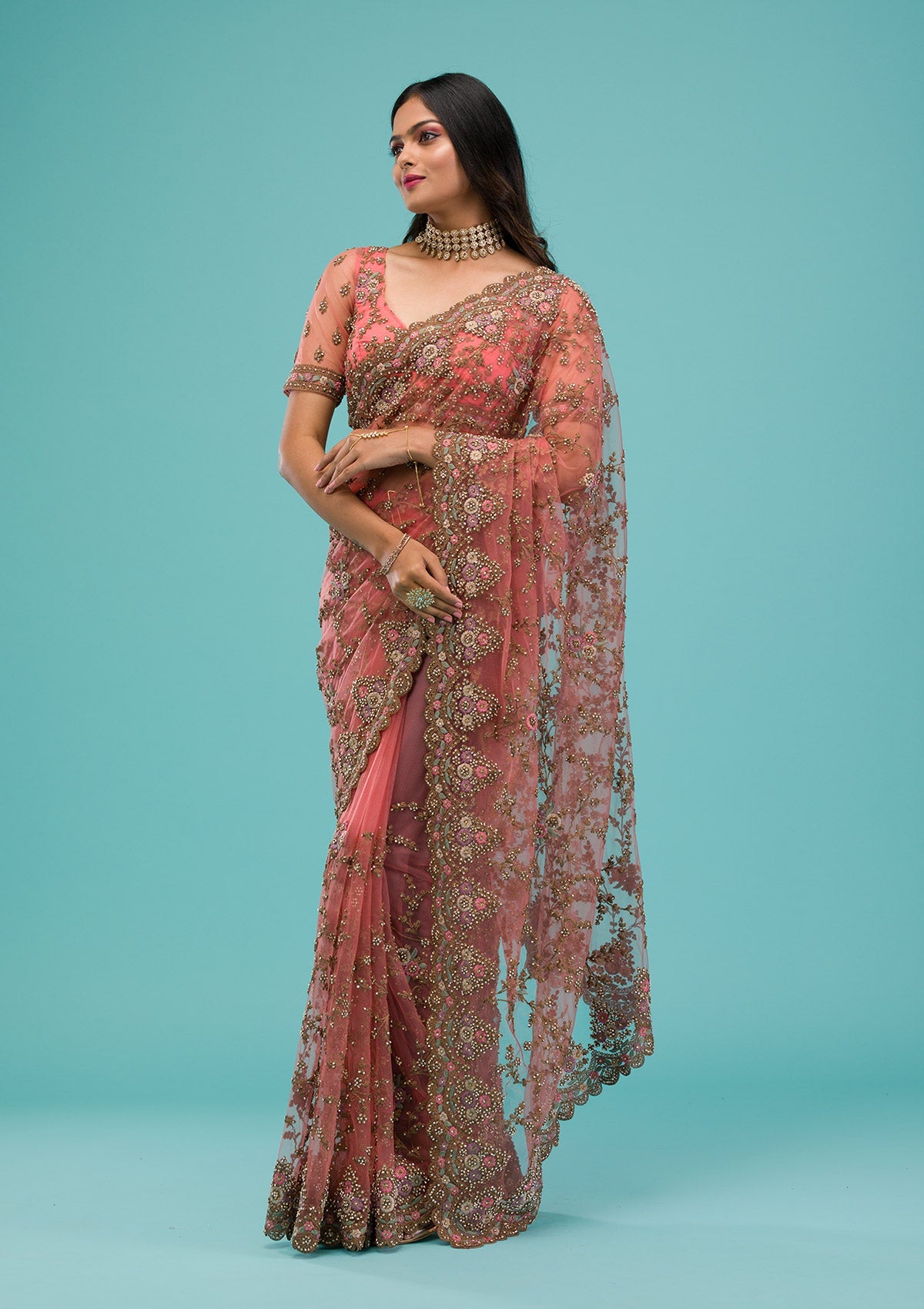 Peach Zariwork Net Saree