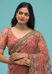 Peach Zariwork Net Saree