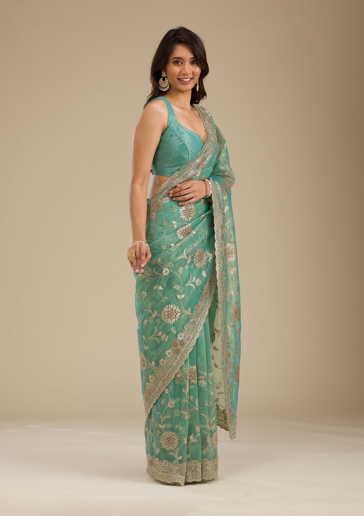 Sea Green Zariwork Tissue Saree