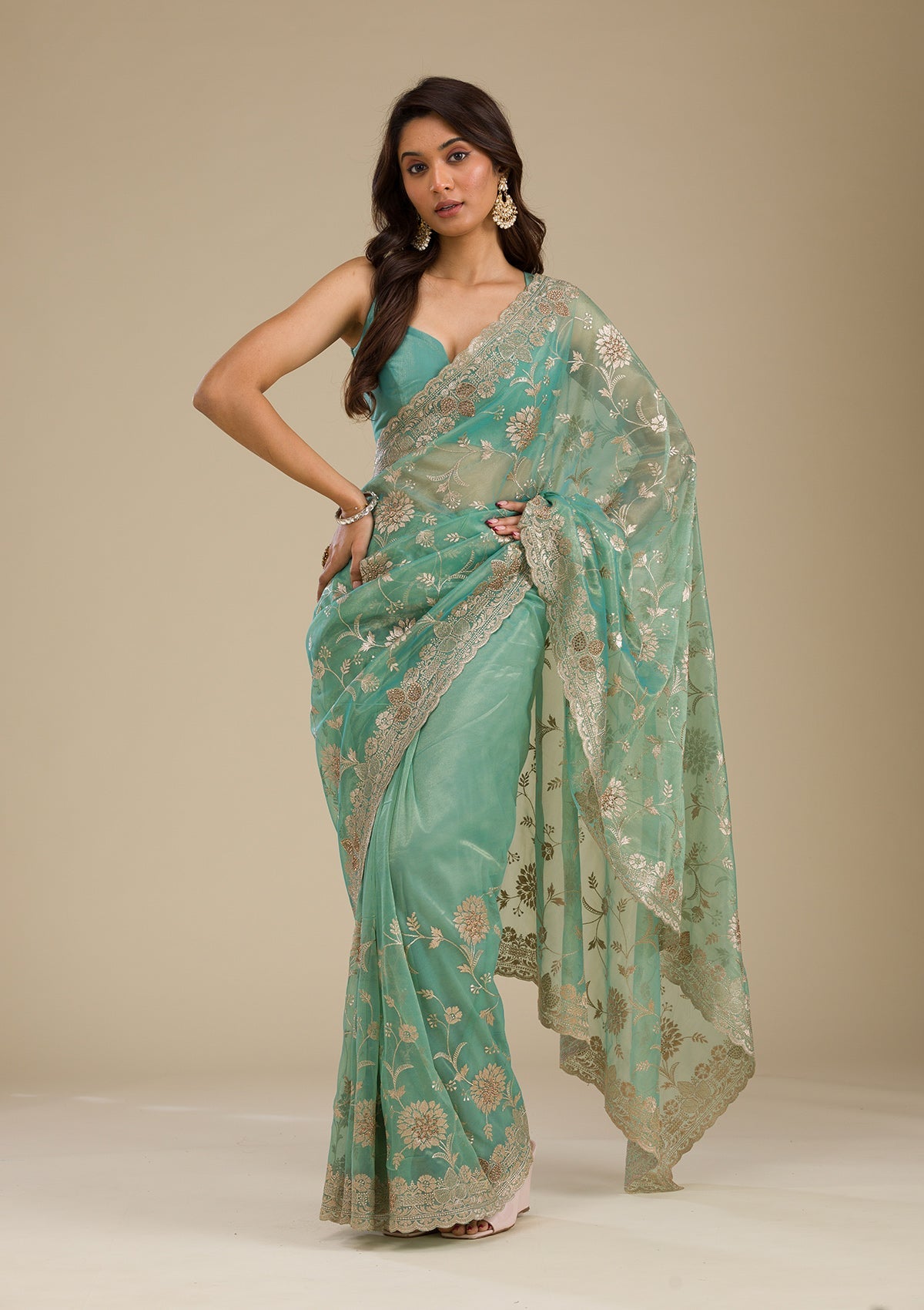 Sea Green Zariwork Tissue Saree