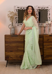 Pista Green Sequins Chiffon Designer Saree