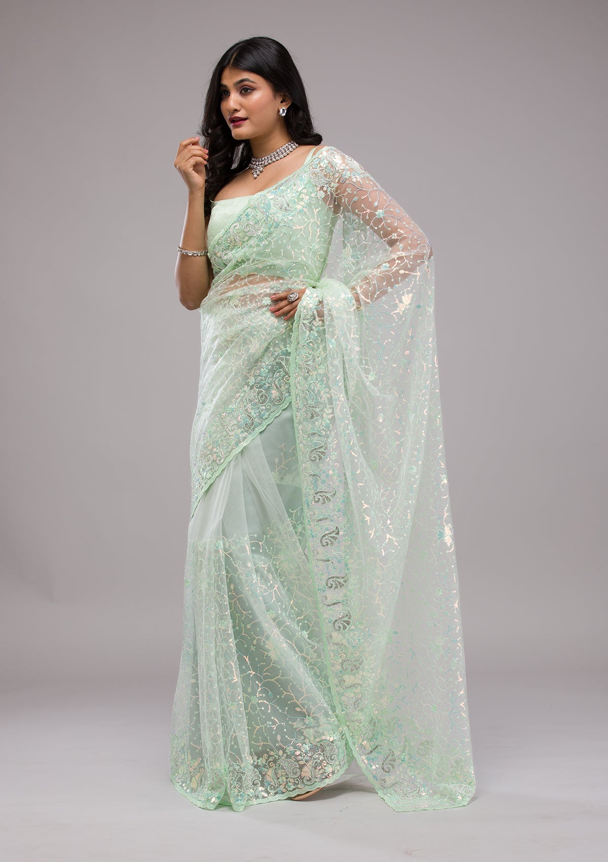 Pista Green Sequins Net Saree