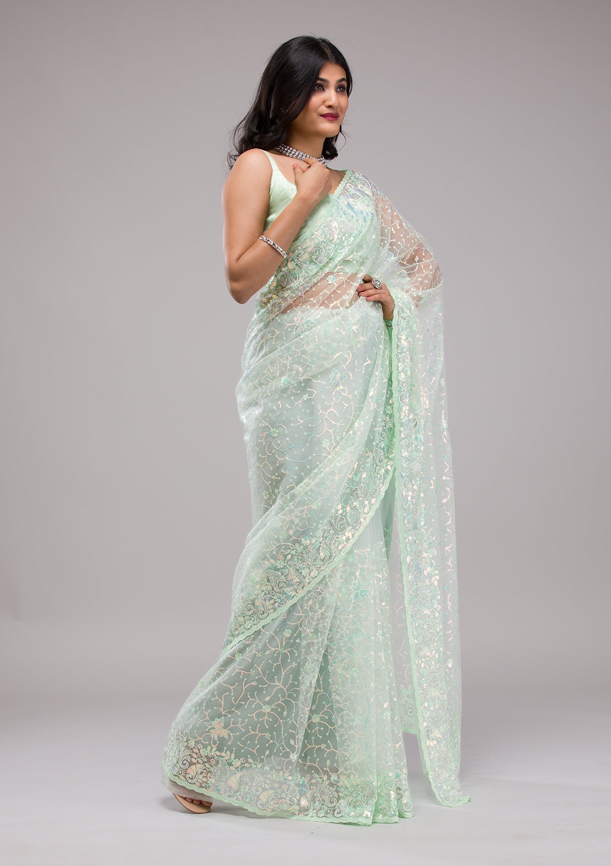 Pista Green Sequins Net Saree