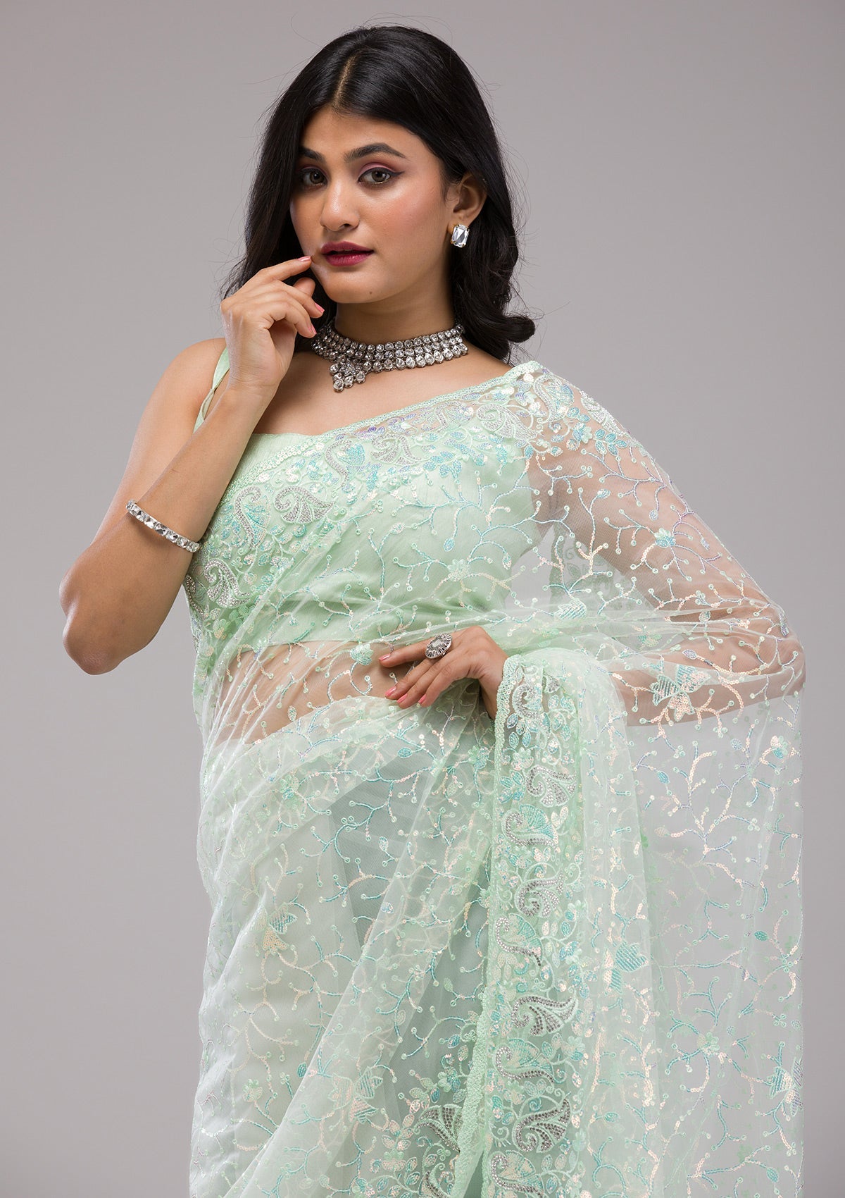 Pista Green Sequins Net Saree