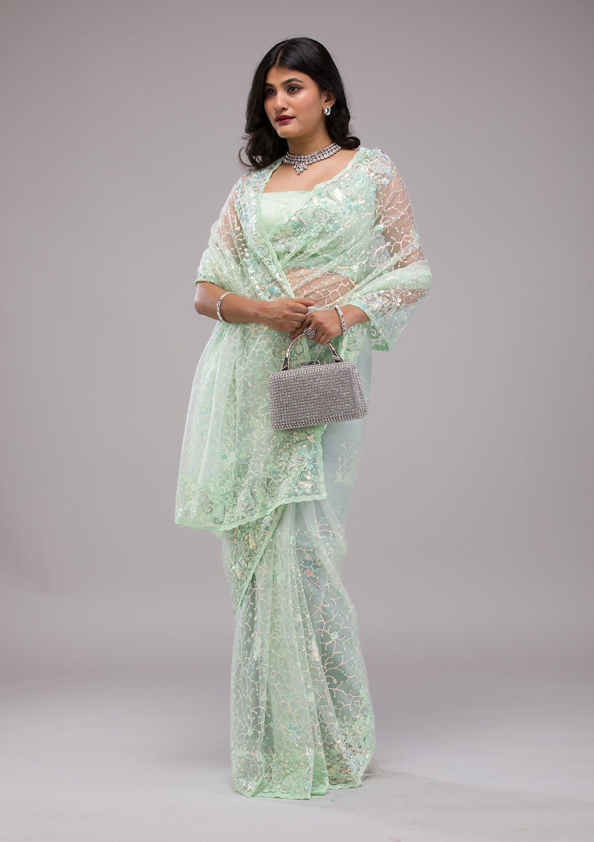 Pista Green Sequins Net Saree