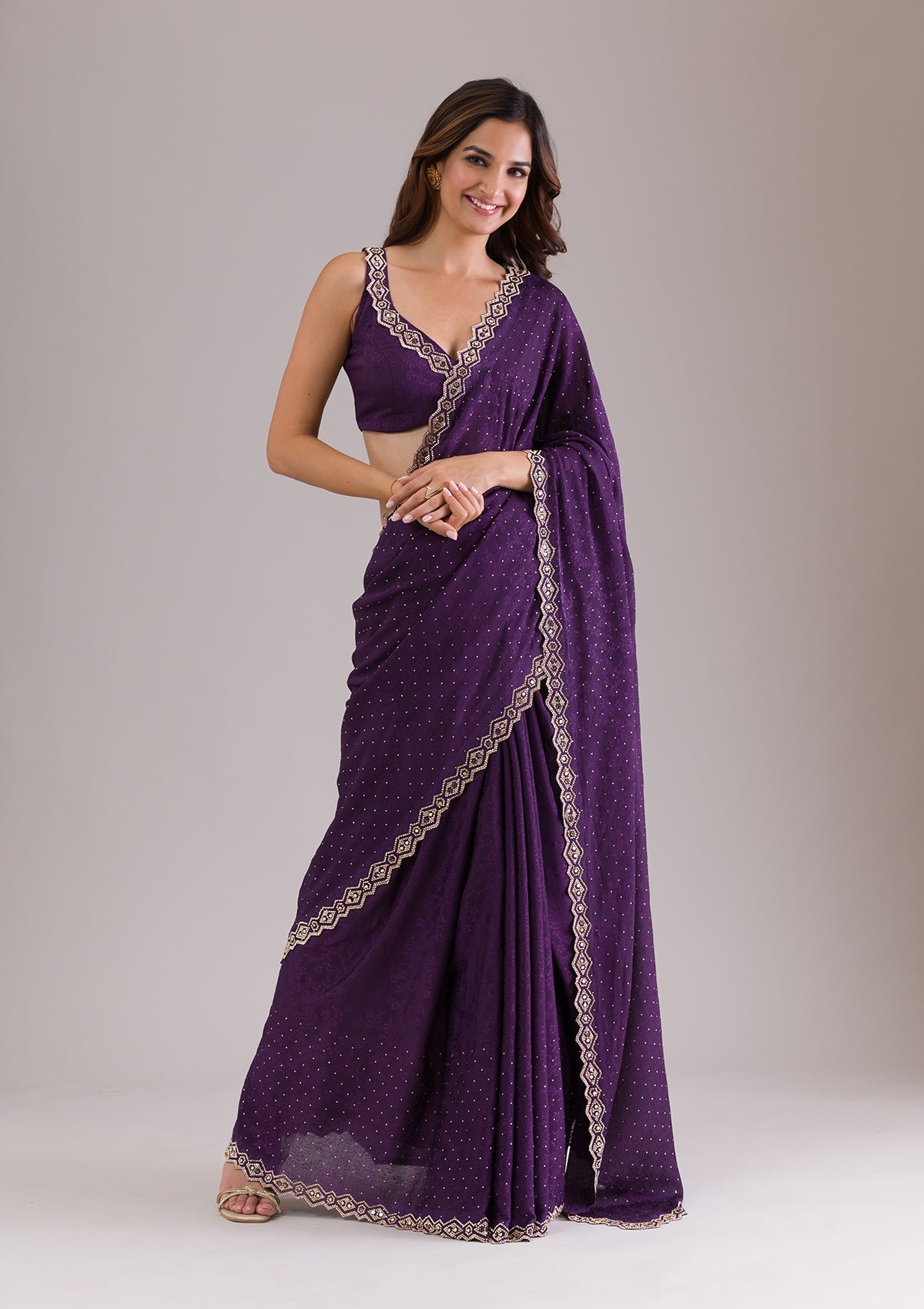 Purple Stonework Semi Crepe Saree