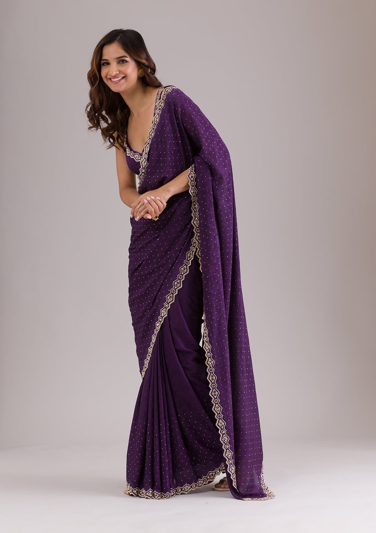 Purple Stonework Semi Crepe Saree
