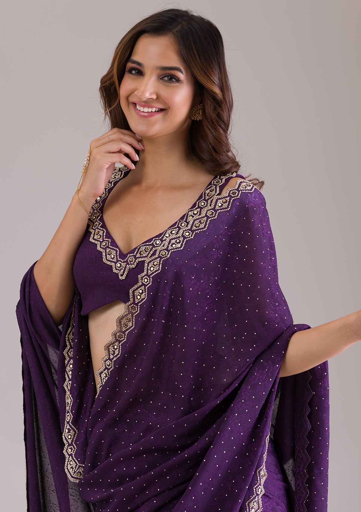 Purple Stonework Semi Crepe Saree