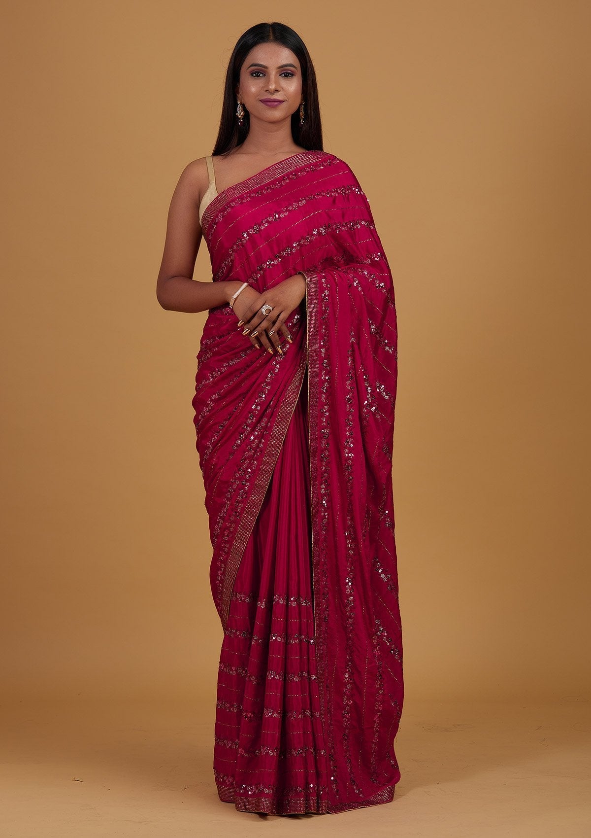 Rani Pink Swarovski Semi Crepe Designer Saree