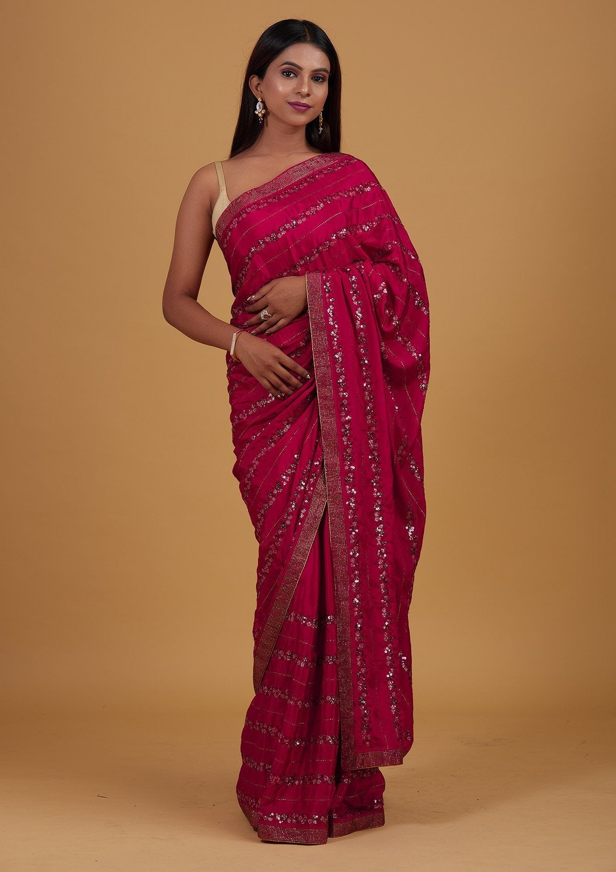 Rani Pink Swarovski Semi Crepe Designer Saree