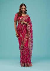 Rani Pink Zariwork Net Saree