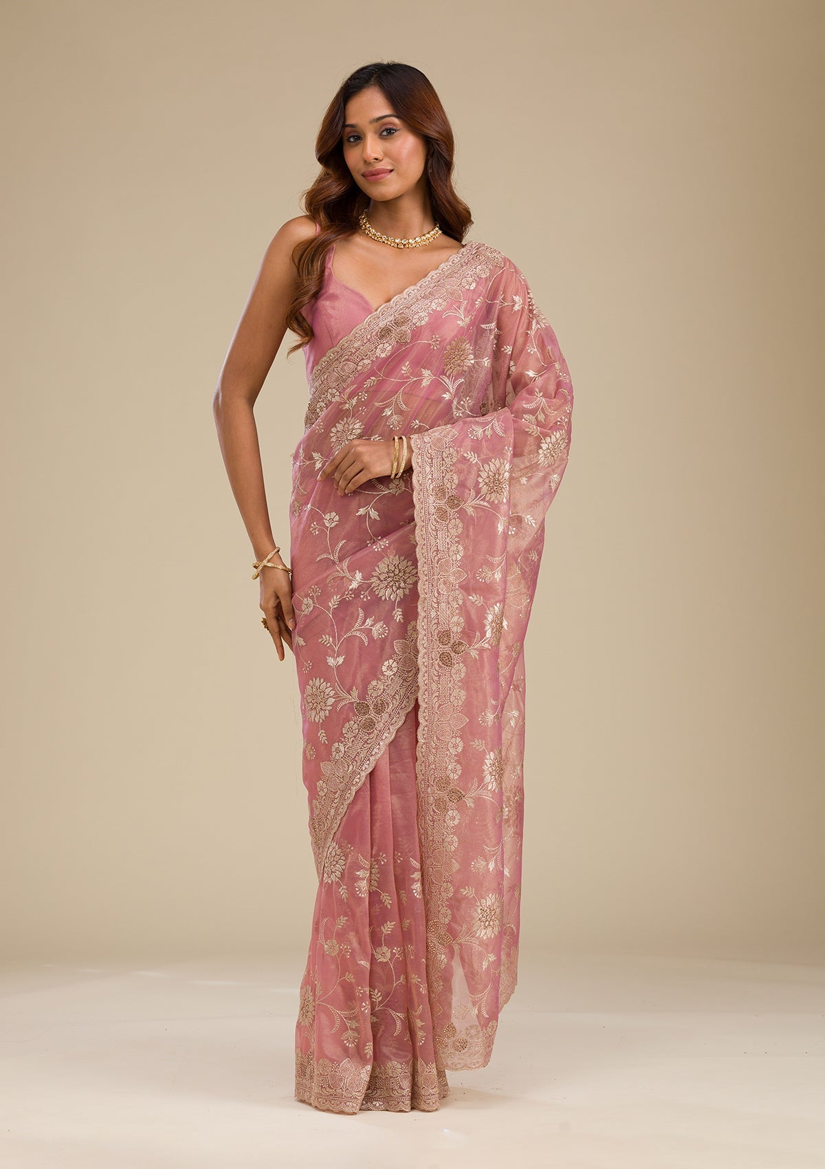 Pink Zariwork Tissue Saree