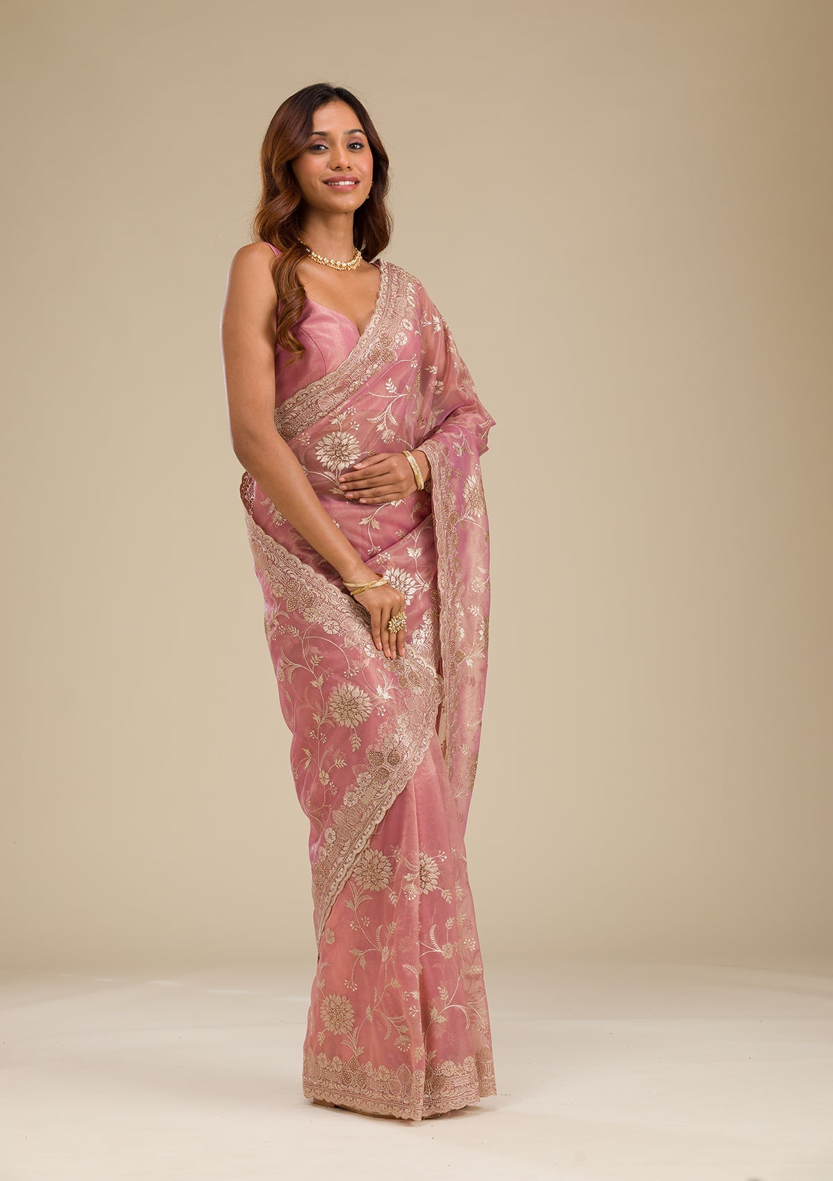 Pink Zariwork Tissue Saree