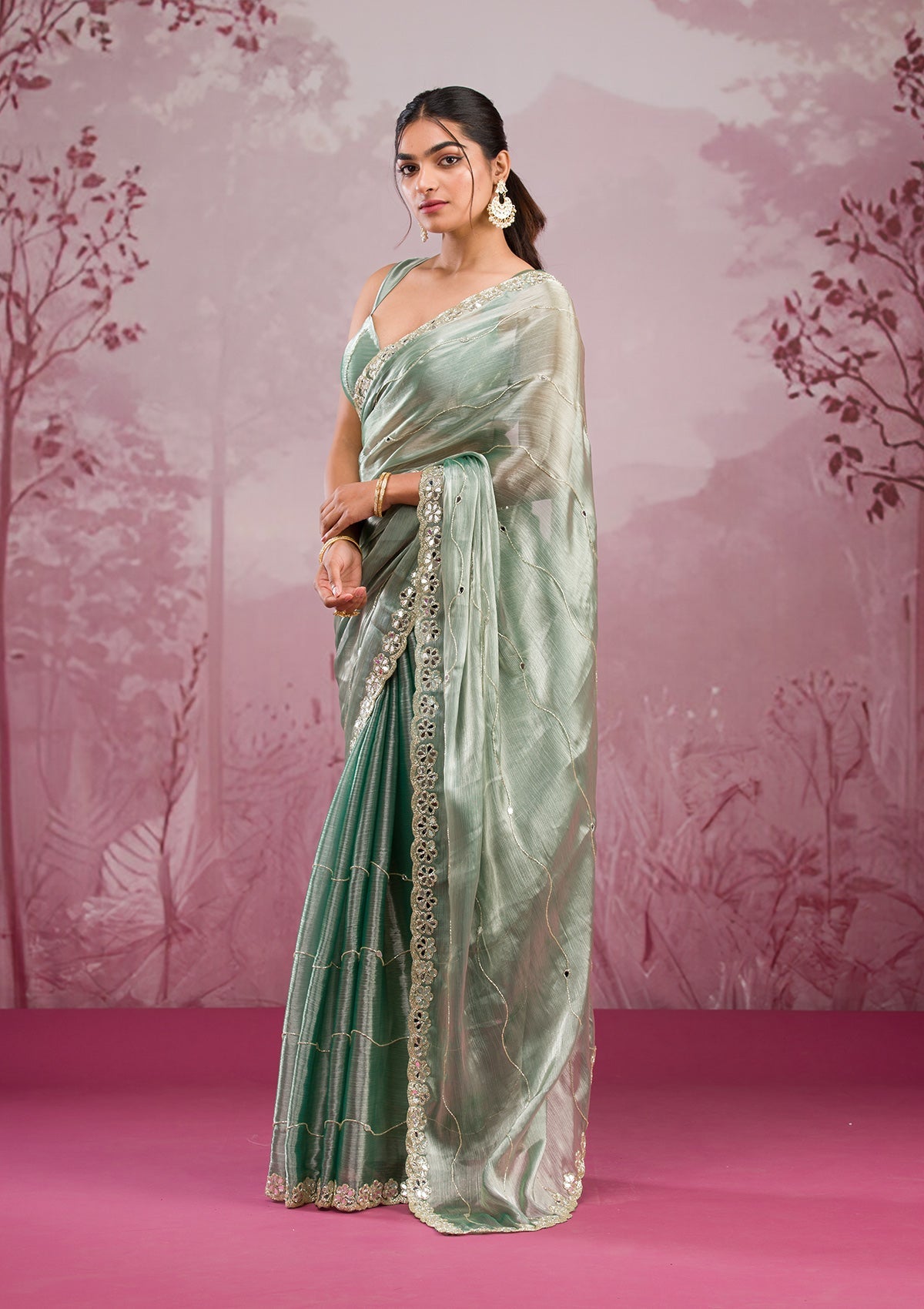 Sea Green Mirrorwork Georgette Saree