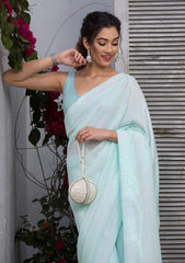 Sky Blue Sequins Georgette Designer Saree