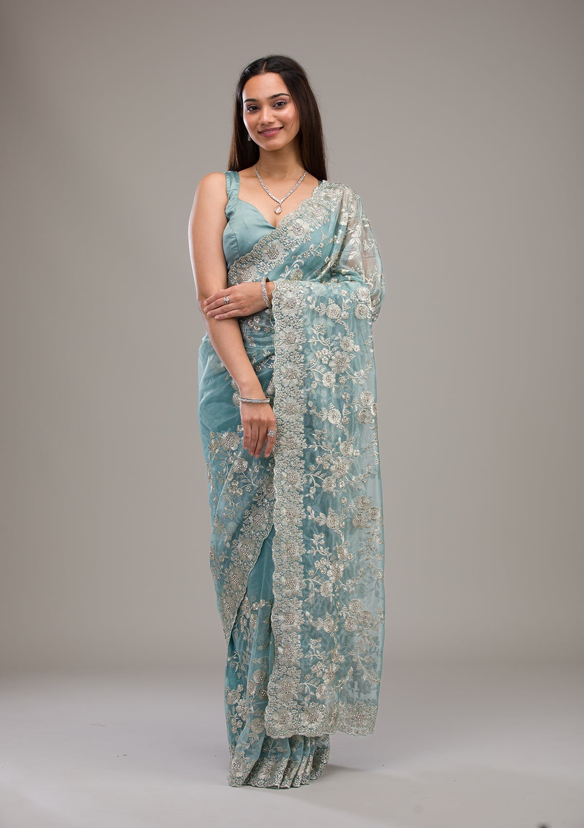 Turquoise Blue Zariwork Tissue Saree