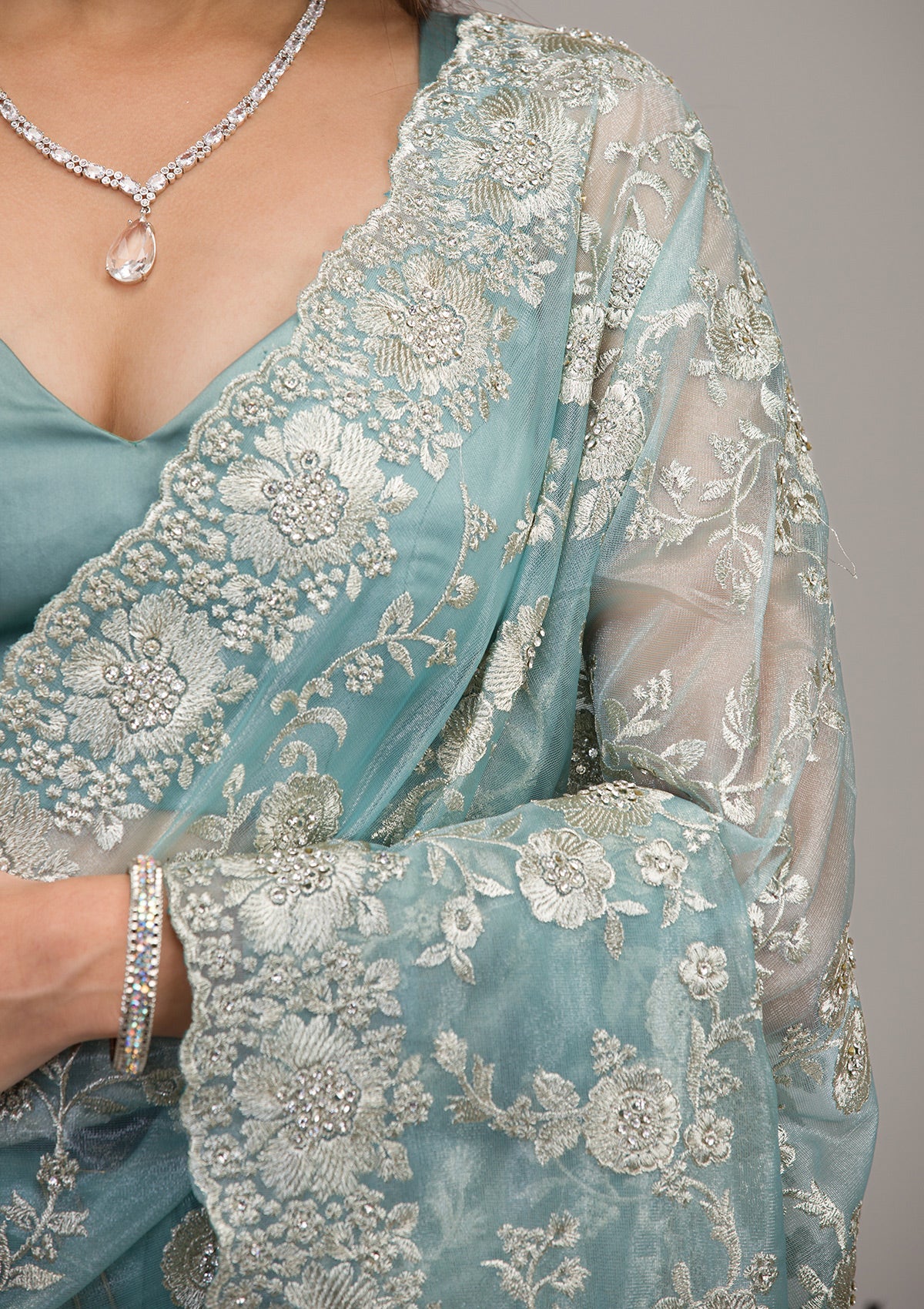 Turquoise Blue Zariwork Tissue Saree
