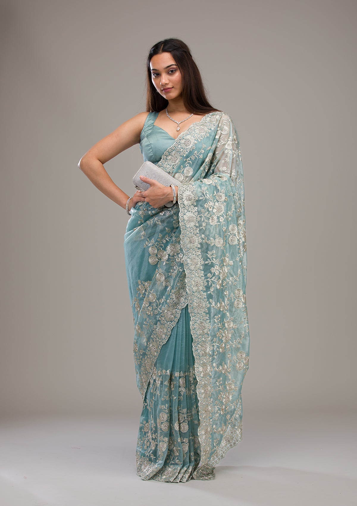 Turquoise Blue Zariwork Tissue Saree