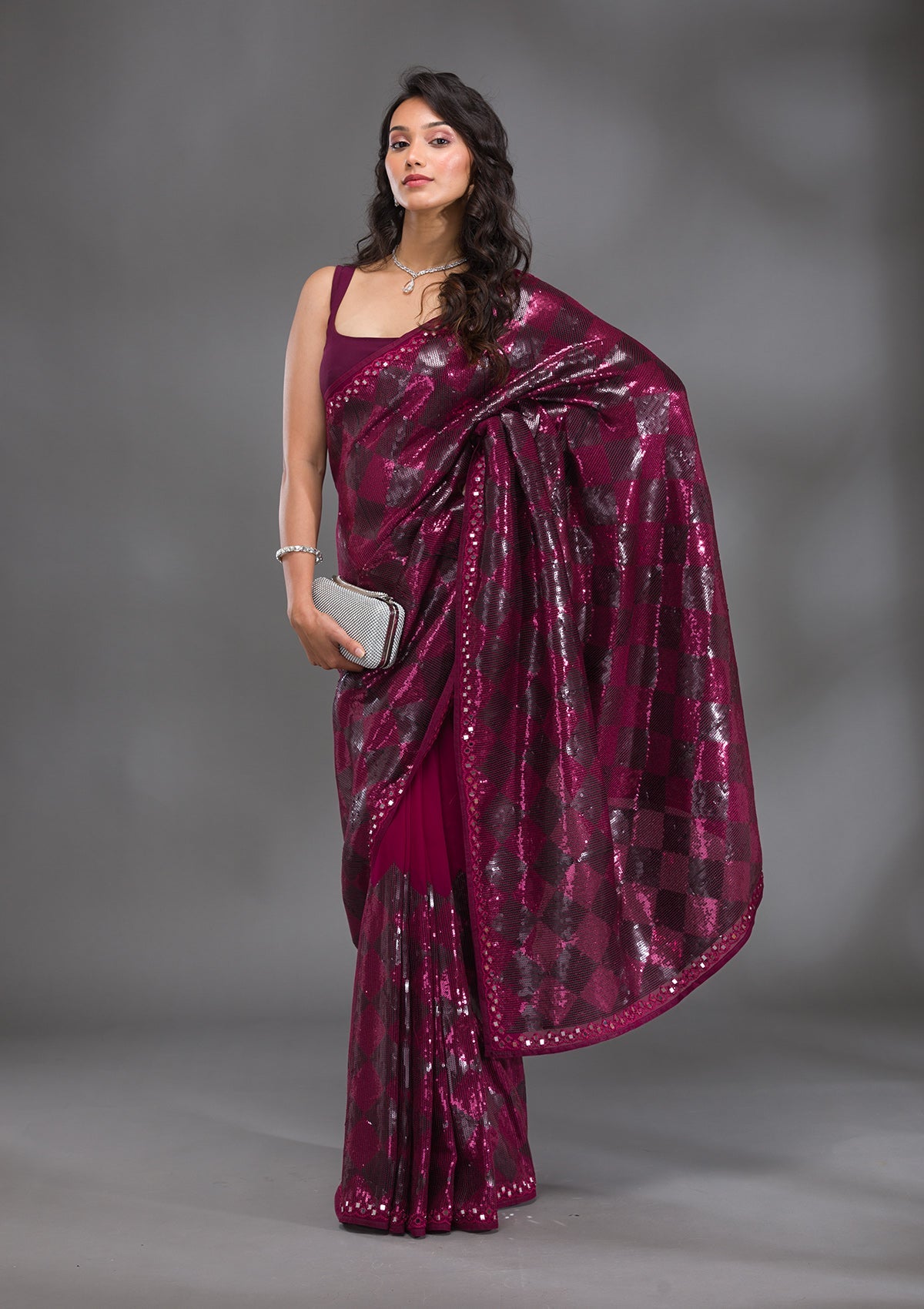 Wine Sequins Georgette Saree
