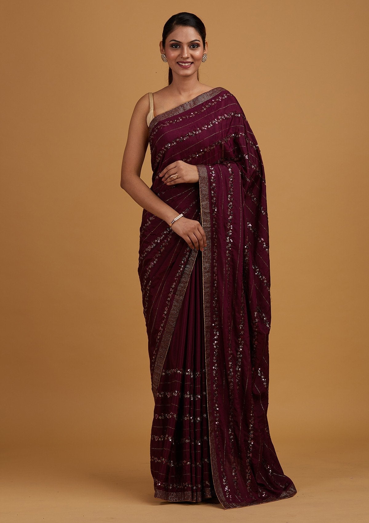 Wine Swarovski Semi Crepe Designer Saree