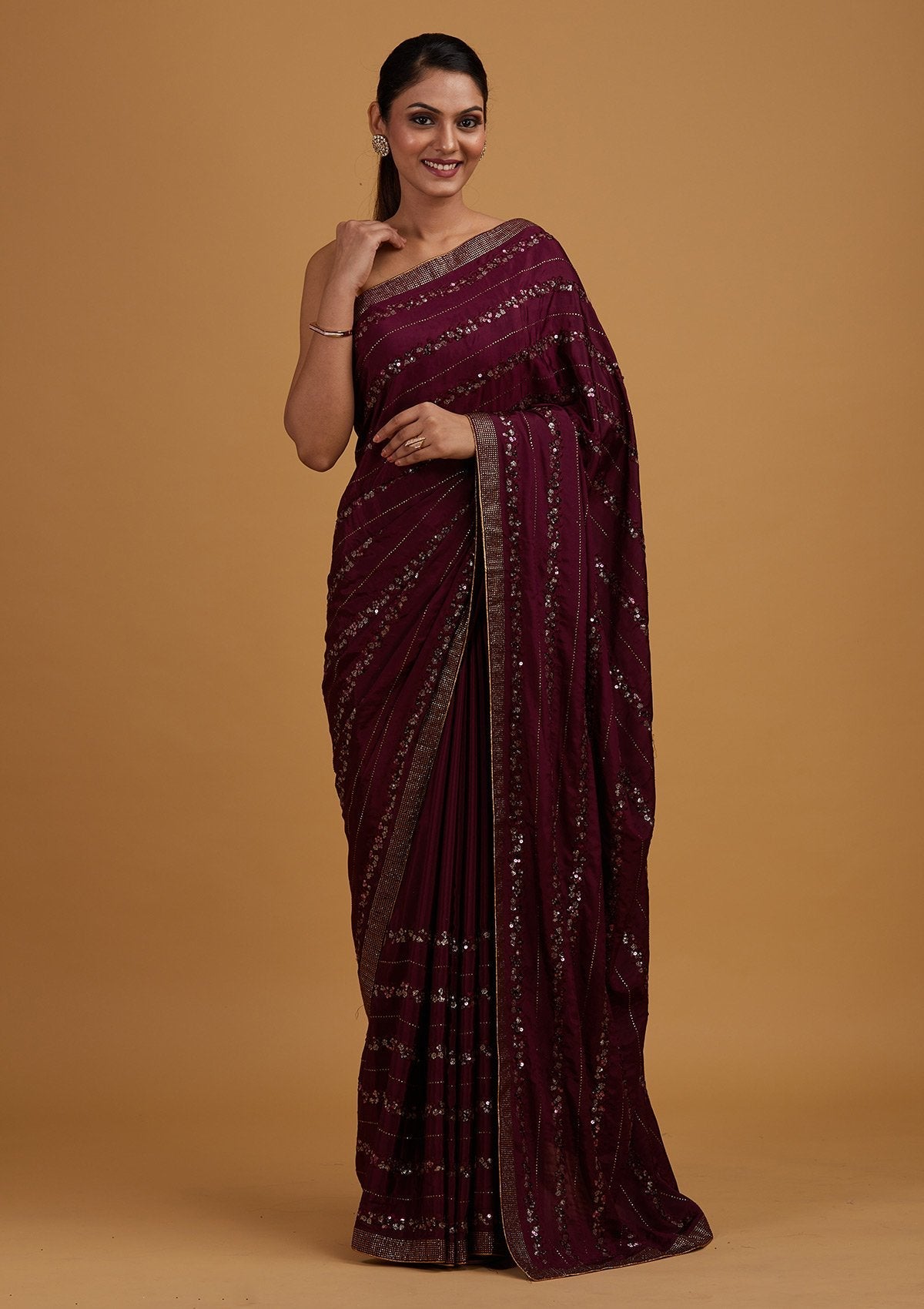 Wine Swarovski Semi Crepe Designer Saree