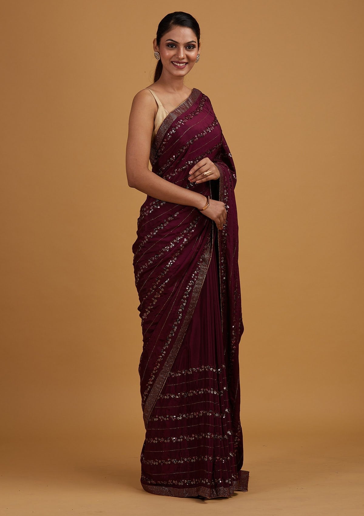 Wine Swarovski Semi Crepe Designer Saree
